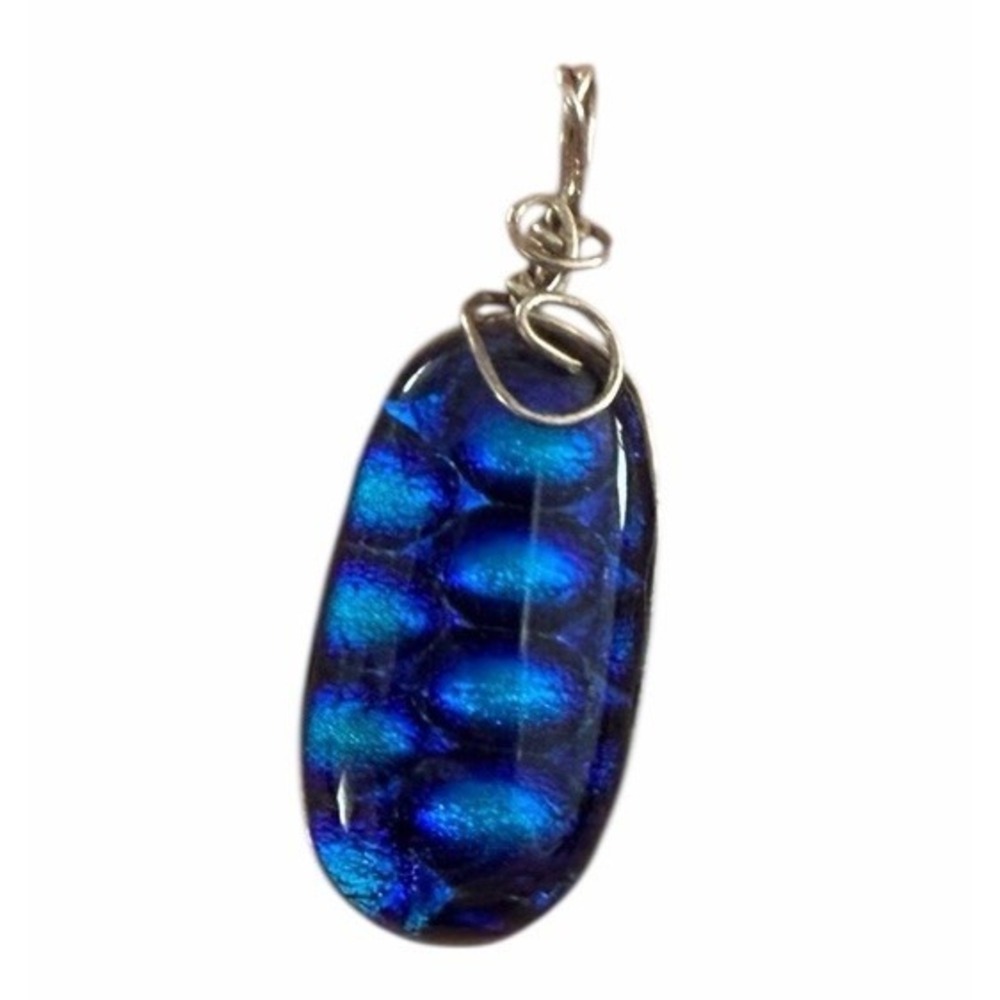 Wire Wrapped Silver & Dichroic Art Glass Necklace Pendant Blue Green Scales 1"